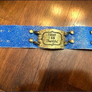 Today I Am Thankful Blue Leather Bracelet with Gold Plate